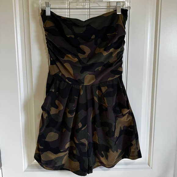 Haley & Jane Camo Romper Strapless Ruched Mini Dress‎ with Pockets Size L - Picture 4 of 10